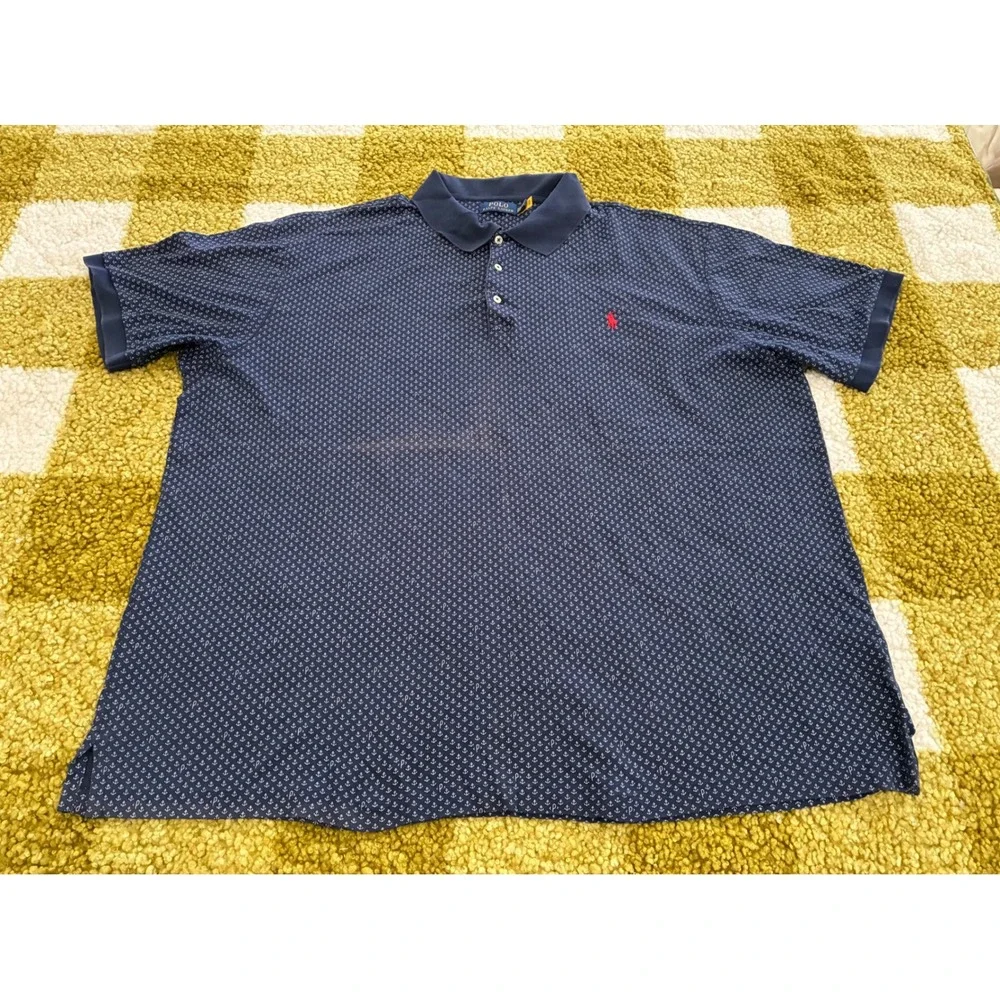 Polo Ralph Lauren Mens 3XB Navy Blue Anchor Print Mesh Polo Shirt Big & Tall